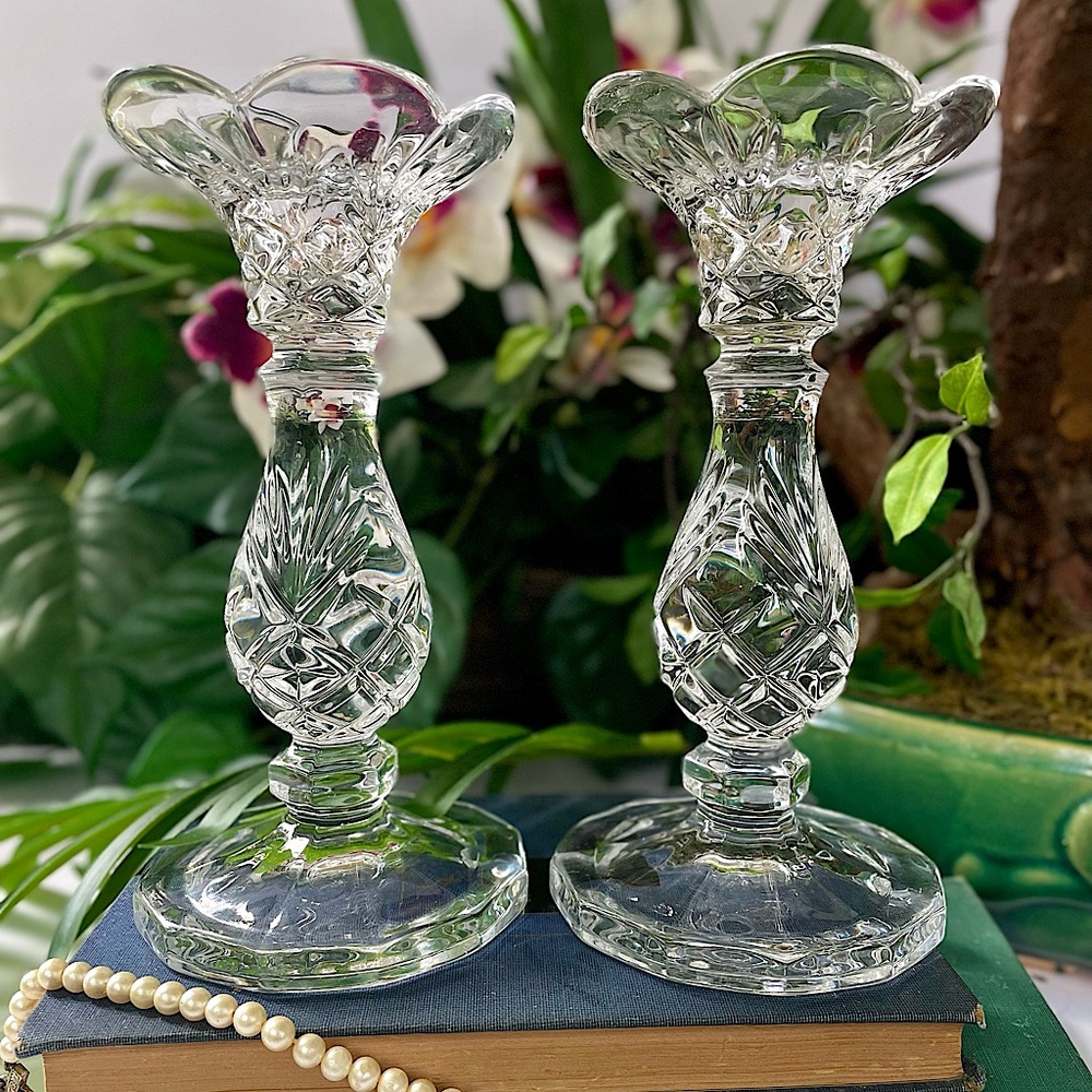 Noritake Hampton Hall Full Lead Crystal 7” Candlestick Holder Pair Vintage